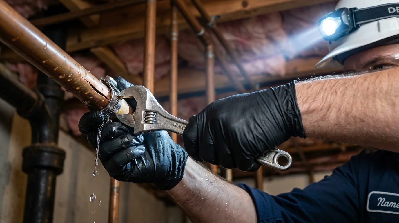 Emergency pipe clamp repair being performed by a Johns Plumbing LLC plumber in Frontenac